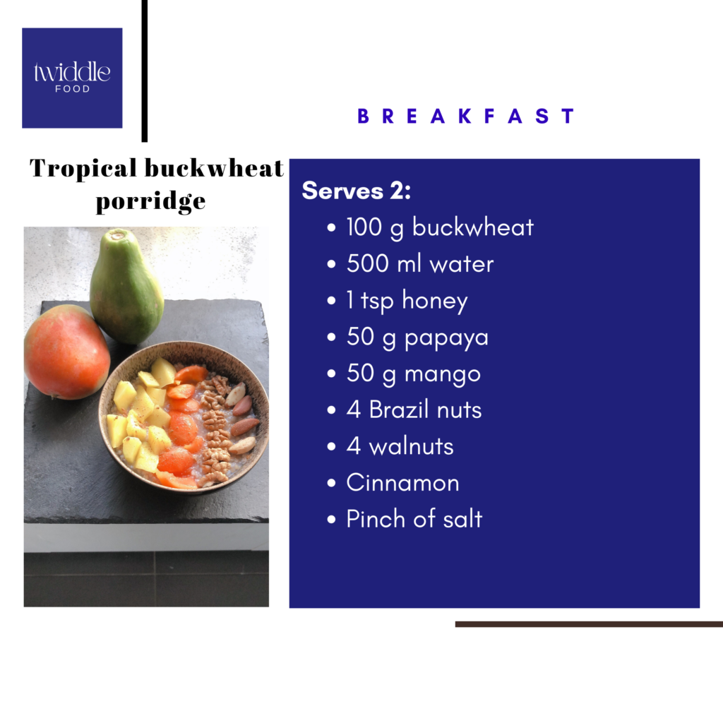 Tropical buckwheat porridge with nuts, papaya and mango (vegan and GF) 
