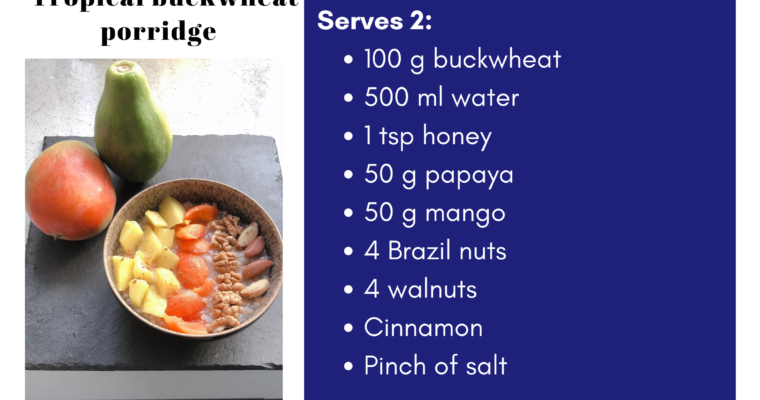 Tropical buckwheat porridge with nuts, papaya and mango (vegan and GF) 