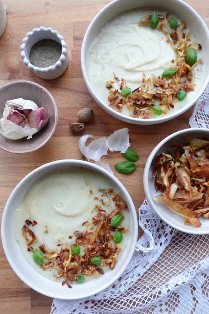Parsnip and potato soup with parsnip crisps